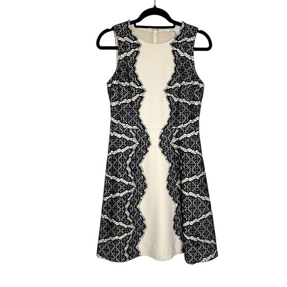 Diane Von Furstenberg Fit & Flare Daniella Lace Panel Mini Dress Cream Black 4 - Picture 2 of 16
